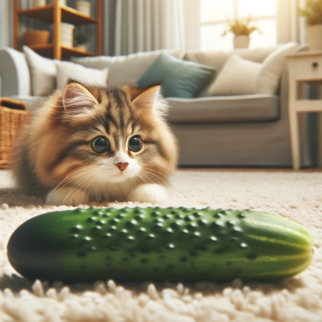 A humorous and playful image of a cat curiously looking at a cucumber, set in a cozy home environment. The cat, with fluffy fur and wide eyes in Purr Patio