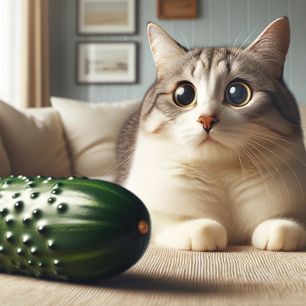 Cat looking startled and uncomfortable at a cucumber AI graphic by Purr Patio
